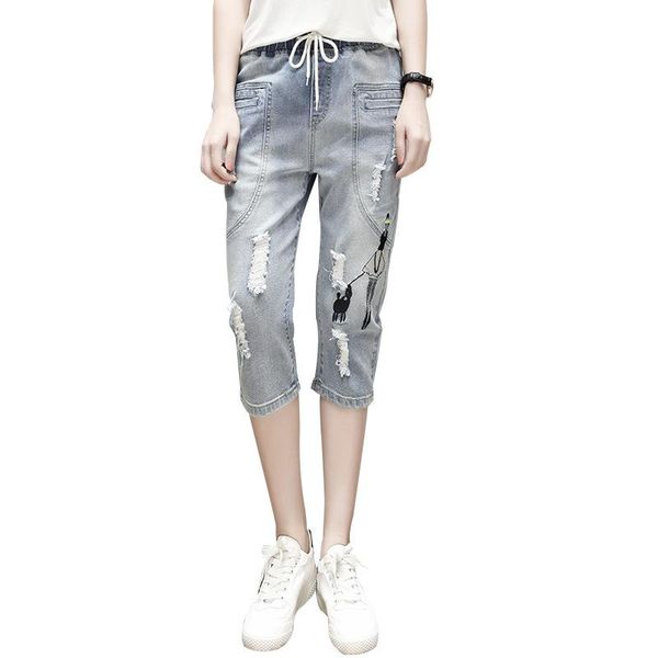 

2021 summer large size women's jeans casual thin worn embroidered cowboy pants 5xl seven points jeans 6676#, Blue
