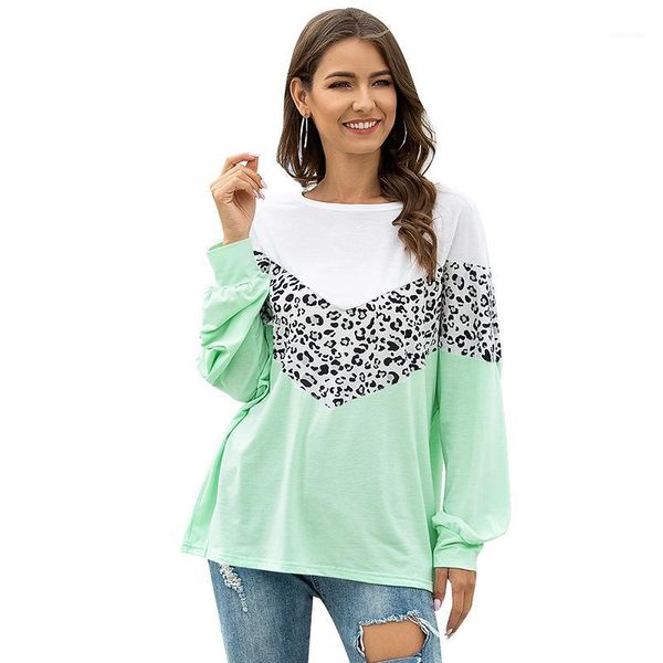 

2020 spring new women long sleeve leopard print patchwork color t-shirt casual loose o-neck streetwear tee lady clothes female1, White