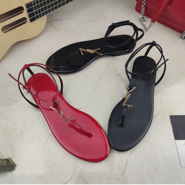 

womens sandals pinch fashion spring and summer new solid color anti slip slim leather flat heel luxury designer buckle original package size, Black