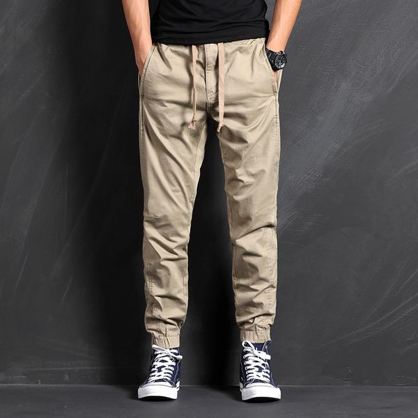 

2021 new solid-colored waistband average male pants sports beam casual foot cotton loose general bib svl1, Black