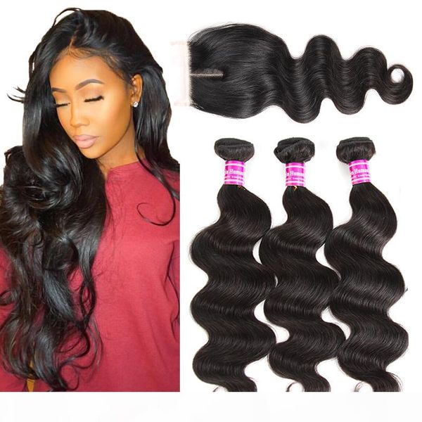 

10a brazilian virgin hair with closure extensions 3 bundles brazilian body wave hair with 4x4 lace closure unprocessed remy human hair weave, Black;brown
