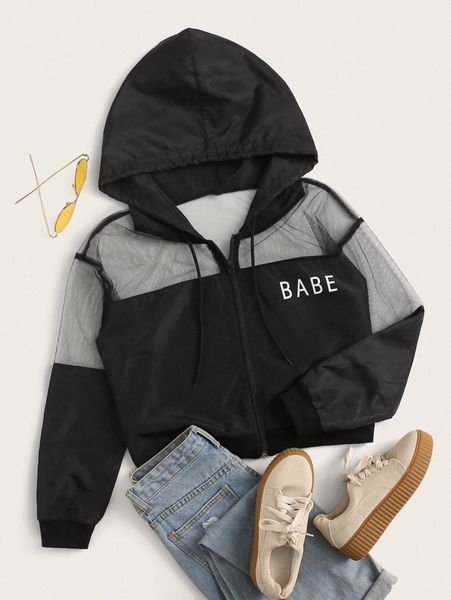 

letter graphic mesh yoke crop windbreaker jacket q5o5#, Black;brown