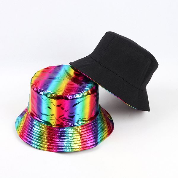 

colorful patent leather designers caps hats mens street reflective fisherman beanie hat foldable stage rainbow woman designers h, Blue;gray