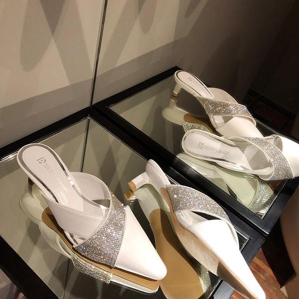 

fashion women slippers round toe full rhinestone slides shallow slip on mules shoes thin mid heels fashion flip flops black shoe