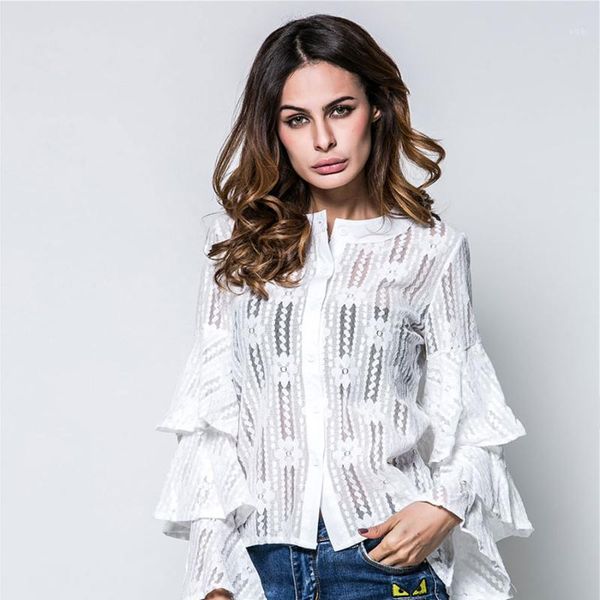 

2018 new white lace blouse shirt hollow out mesh transparent see through blusas women long ruffle sleeve vkts10001