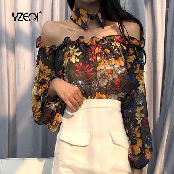 

yzeqi summer fashion women floral print chiffon blouse off shoulder long sleeve korean vintage ruffle shirt elegant 1, White