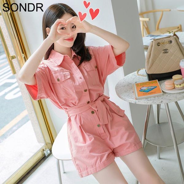 

korean denim jumpsuit 2020 summer new short sleeve waist conjoined shorts single breasted casual tie-up overalls wide leg pants1, Black;white