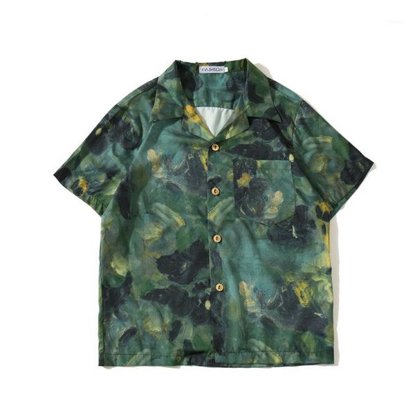 

men shirt summer short sleeve vintage painting full print shirt men and women trend hawaii design short sleeve beach1, White;black