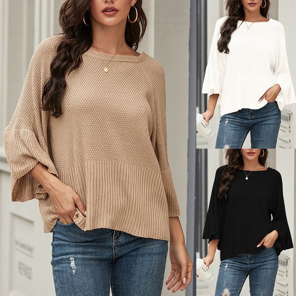 

khaki sweatesr women autumn winter long sleeve jumper lady o-neck loose pullover solid color pagoda sleeve sweaters, White;black