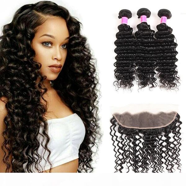 

brazilian deep wave virgin hair 13x4 lace frontal with bundles 100% unprocessed brazilian human hair weave extensions deals natural color, Black;brown