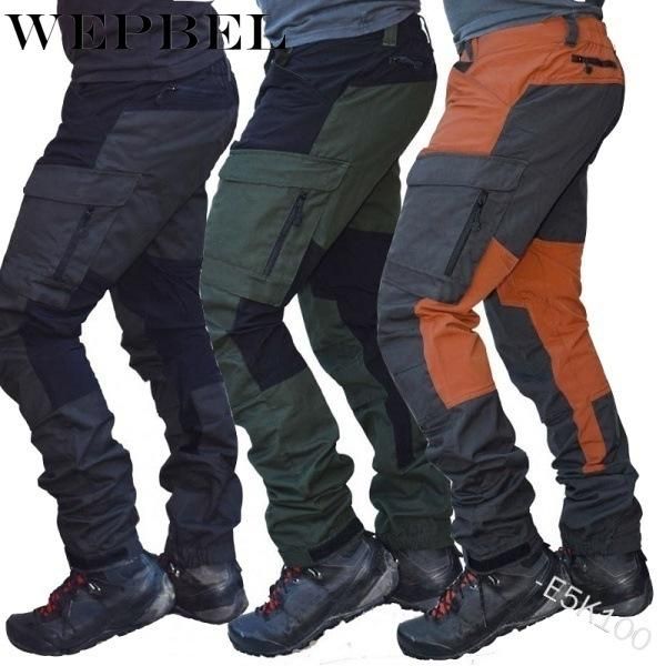 

wepbel men's pants straight fashion motorcycle casual high waist multi-pockets casual full length pants, Black