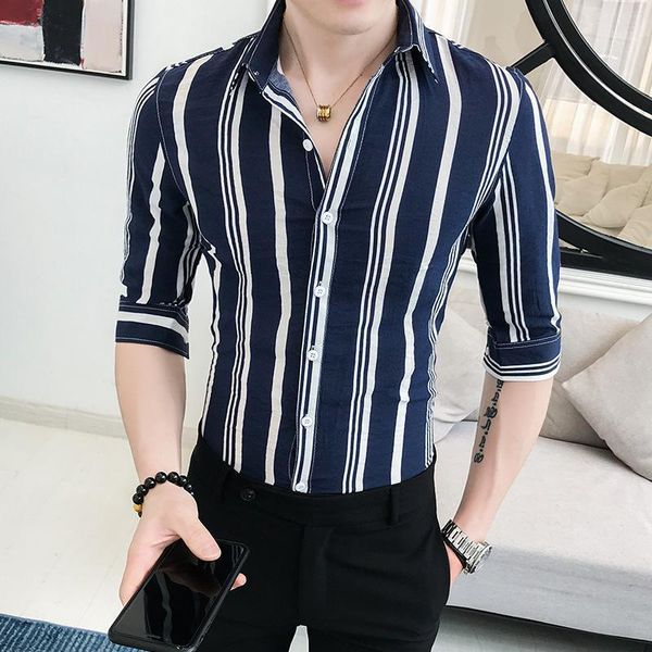 

2021 men fashion mens shirts casual slim fit short sleeve streetwear button down shirt striped shirt business blouses1, White;black
