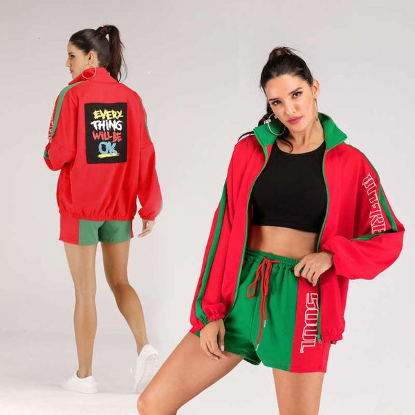 

letter sports new print contrast stitching casual suit zipper jacket shorts women, Gray