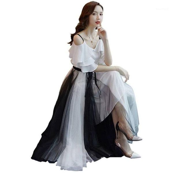 

2020 new spring and summer two-piece fashion skirt women strapless waist slimming long skirt black and white shirt set1