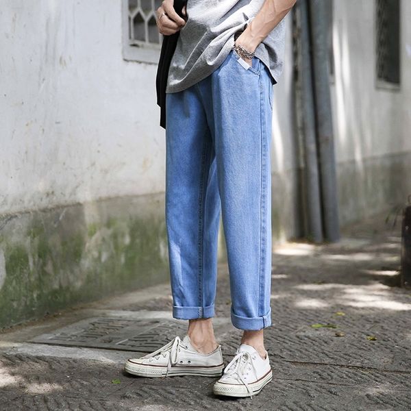 

r5wo2 autumn trousers and jeans jeans men's fashion brand elastic waist leg wide trendy youth pants dad casual straight ankle-length pa, Blue
