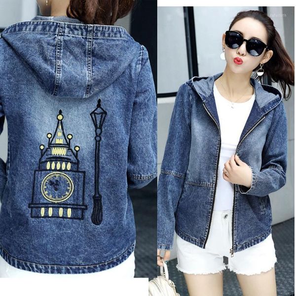 

womens print jean jackets retro hooded denim jacket loose oversize basic coats motorcycle punk ripped hole female outwear#j301, Black;brown
