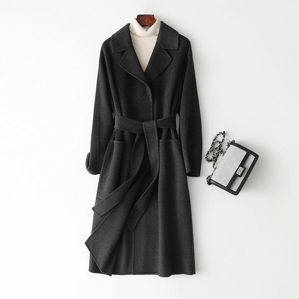 

2020 korea women winter long cashmere coat slim waist elegant overcoat with waistbelt pocket loose outerwear jacket l1071, Black