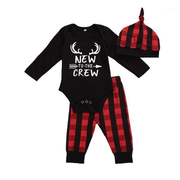 

newborn girl 0-18m christmas outfits cute letter print romper + plaid long pants + hat 3pcs clothes set1, White