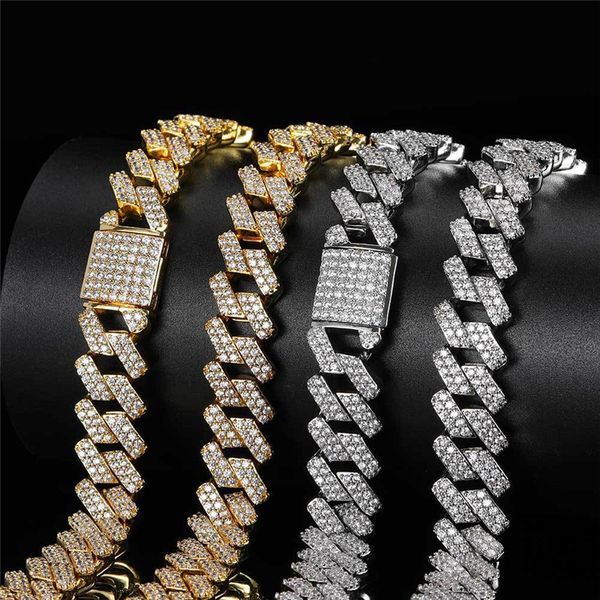 

15mm 16-24inch mens bling chains gold plated cz diamond stone cuban chain necklace bracelet for men women hip hop chains, Silver