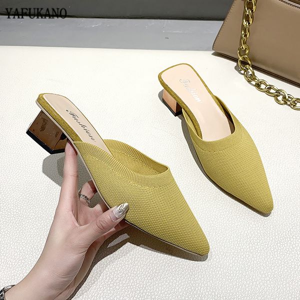 

summer 2020 new elegant women yellow black knitted slides mules mesh breathable flat slippers closed toe slides party shoes x1020