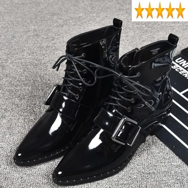 

boots winter euro lace autumn up zip buckle womens motorcycle fashion british pointed toe patent leather female short, Black