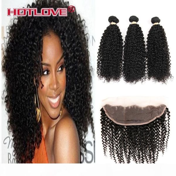 

ove mongolian kinky curly lace frontal closure with 3bundle human hair full cuticle soft curly hair for black women no shedding color 1b, Black;brown