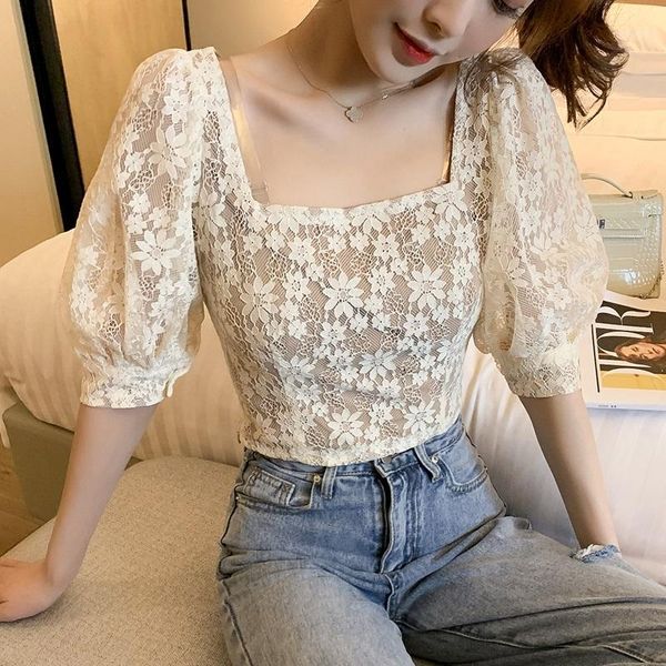 

vintage square collar lace flowers shirts women's floral hollow hook blouses bubble short-sleeved mini crop blusas mujer1, White