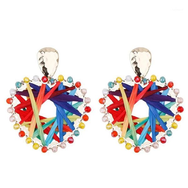 

new jewelry fashion bohemia heart-shaped drop crystal earrings hand woven raffia earrings for women summer oorbellen1, Silver