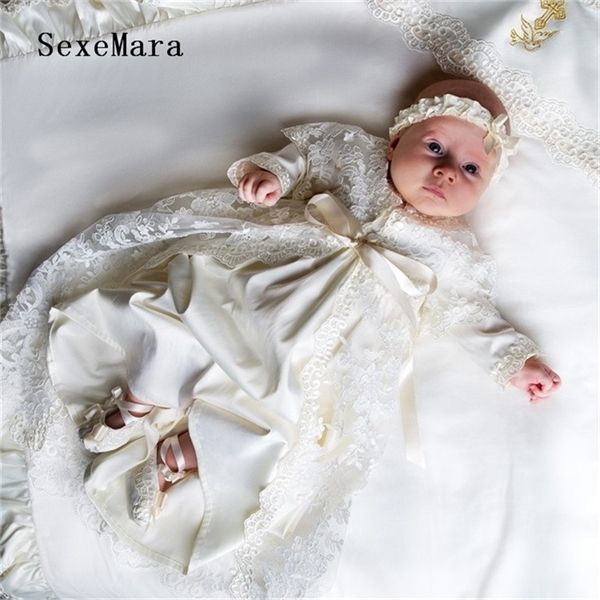 

ivory white baby girls christening gown long sleeves lace baby birthday baptism gowns with headband vestido infantil menina 1026, Red;yellow