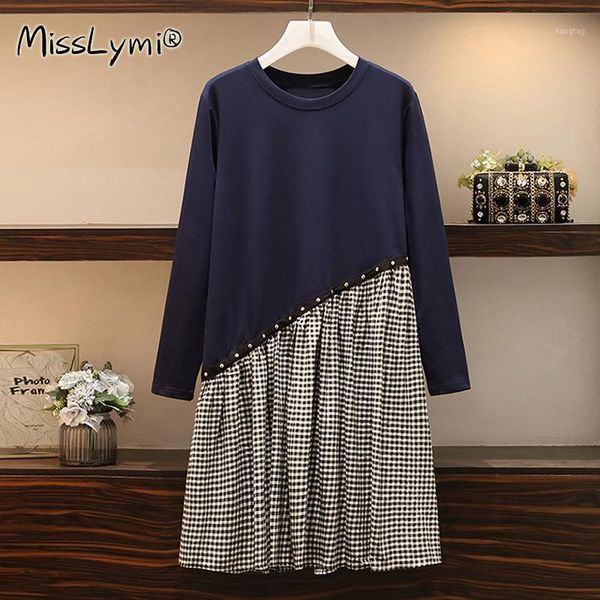 

xl-5xl plus size women rivet dress autumn 2020 fashion long sleeve sweatshirt patchwork plaid loose casual cotton dresses1, Black;gray
