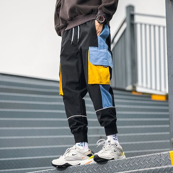 

mens autumn new arrival cargo pants japan style patchwork loose casual pants elastic waist big pockets male pants, Black