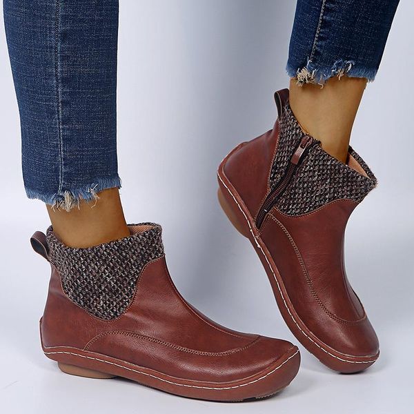 

women retro leather flat zipper solid color short booties round toe shoes winter boots women leather ankle boots for, Black