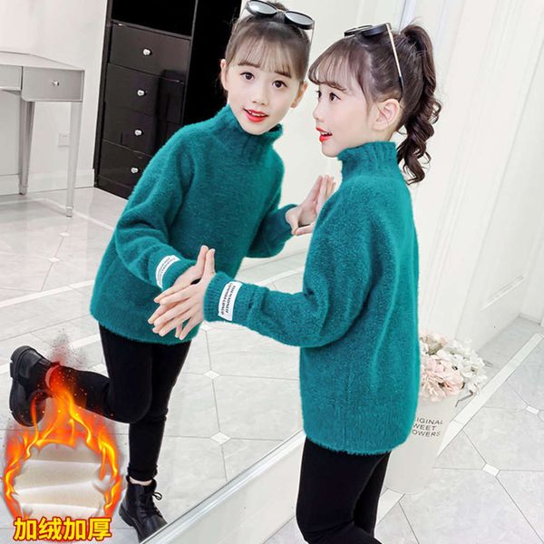 

solid girls' autumn winter 2020 new middle school color plush thickening versatile children's t-shirt crew neck sweater, Blue