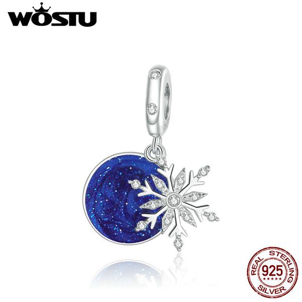 

wostu 925 sterling silver snowflakes dangle charm zircon blue enamel bead fit original bracelet necklace pendant jewelry ctc367 q1219, Bronze;silver