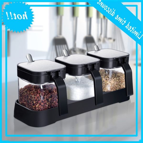 

heat resistant glass salt bottle handle pot suit with spoon sealed moisture-proof seasoning box