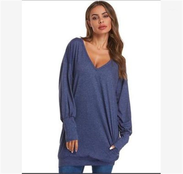 

v-neck pocket t-shirt fashion loose long sleeve pullover sweater designer female long section plus size tees sweatshirt casual t-shirt women, White