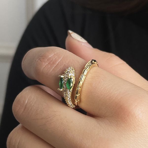 

ins emerald diamond snake ring open adjustable serpentine ring, Golden;silver