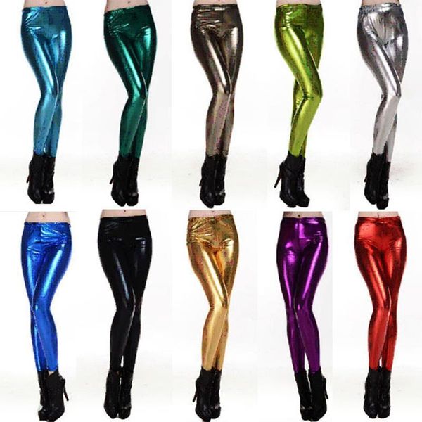 

new shiny luster silver gold metallic candy color print fitness workout push up women leggings slim girl pants, Black
