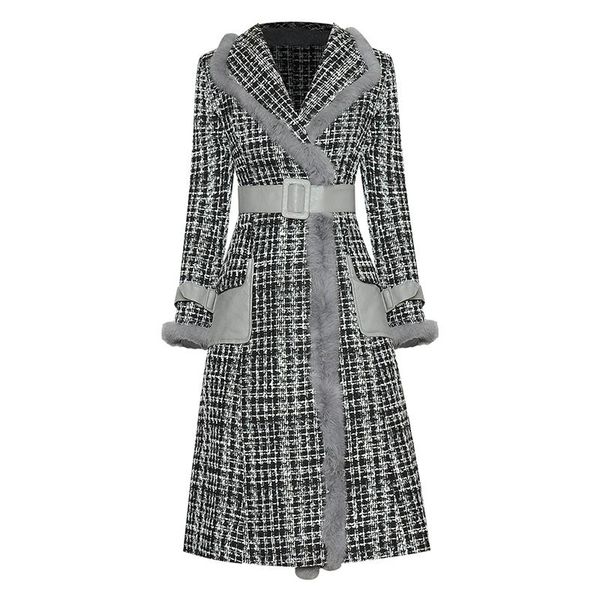 

fashion 2020 winter designer coat women's plaid tweed long overcoat, Black
