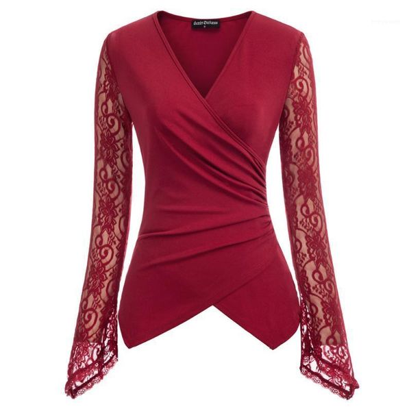 

women blouse lace patchwork shirt long sleeve surplice v-neck irregular hem spring autumn clothes slim soft ladies new1, White