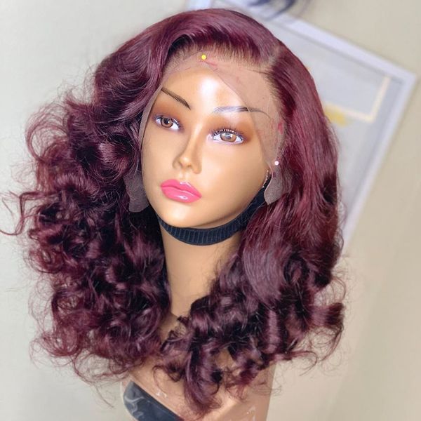 

loose wave burgundy full lace human hair wigs with natural hairline 150density short bob 99j lace front wigs 360 frontal wig for women, Black