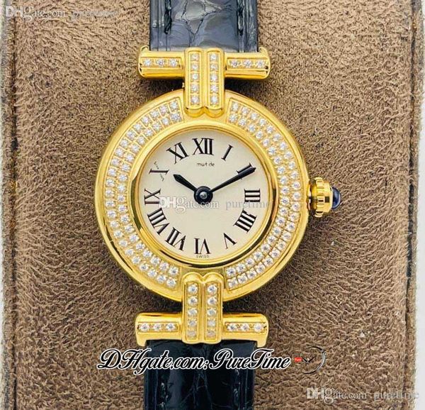 

yydf elegant must ladies vermeil vintage swiss quartz womens watch 18k yellow gold diamonds bezel white dial black roman black leather super, Slivery;brown