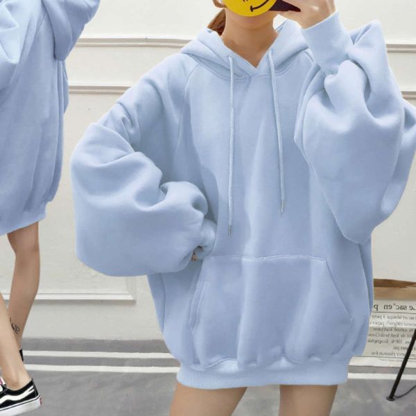 

women's oversized sweatshirt lantern sleeves plus velvet pure color casual hoodie autumn and winter fashion pullover coat 2021