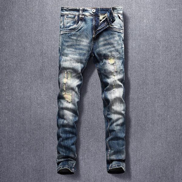 

italian style fashion men jeans slim fit patchwork hip hop ripped denim pants retro vintage designer long trousers1, Blue