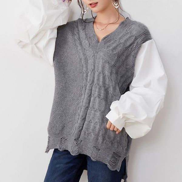 

sweater stitching shirt lantern sleeve women loose 2021 fashion casual knit gray pullover thicken female elegant ripped autumn, White;black