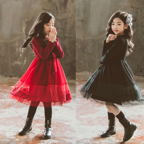 

and 19030 girls' autumn winter plush thickened fake two piec of lace stitching performance new year christmas drs, Red;yellow