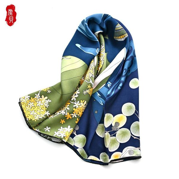 

scarves dark blue natural silk scarf women printed lamp hair satin shawl 100% real 90cm big square bandana gift for ladies, Blue;gray