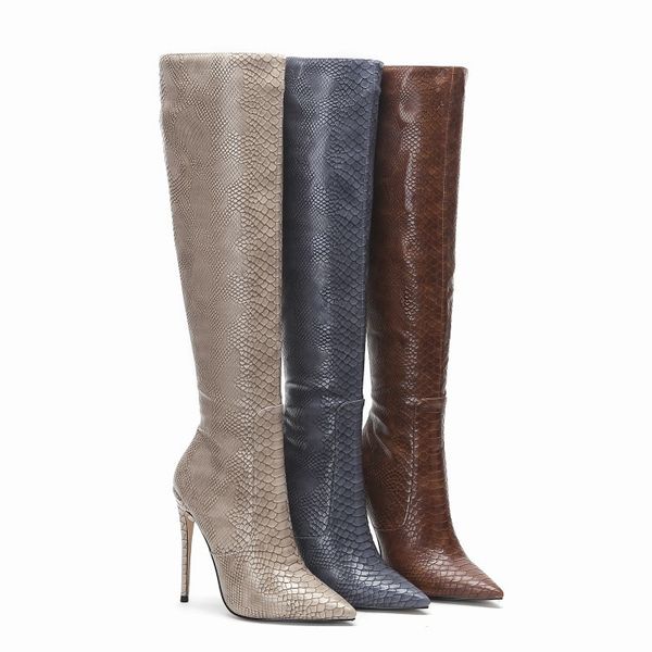 

high snakeskin knee wearing thin heels winter shoes for women leather big 45-size spring riding boots ukby, Black