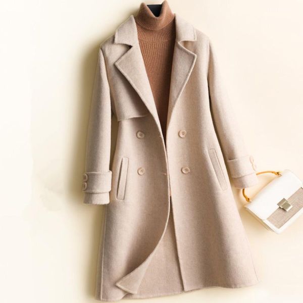 

women's wool & blends 100% coat, double-sided kashmir long informal, elegant, office, spring and autumn, winter 2021, Black