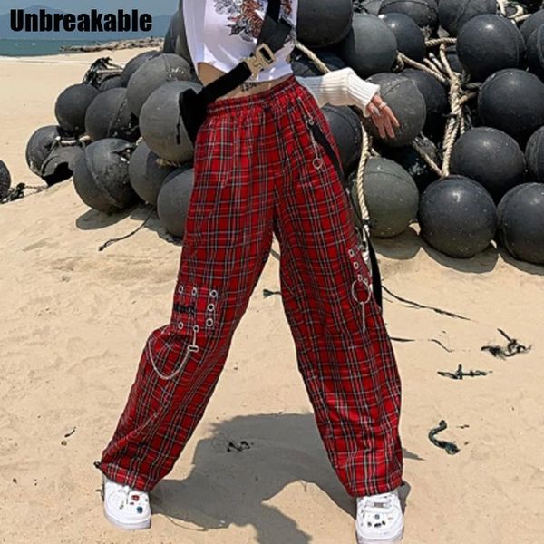 

women's pants & capris punk chain wide leg women high waist plaid for 2021 vintage checkered streetwear hip hop fashion, Black;white